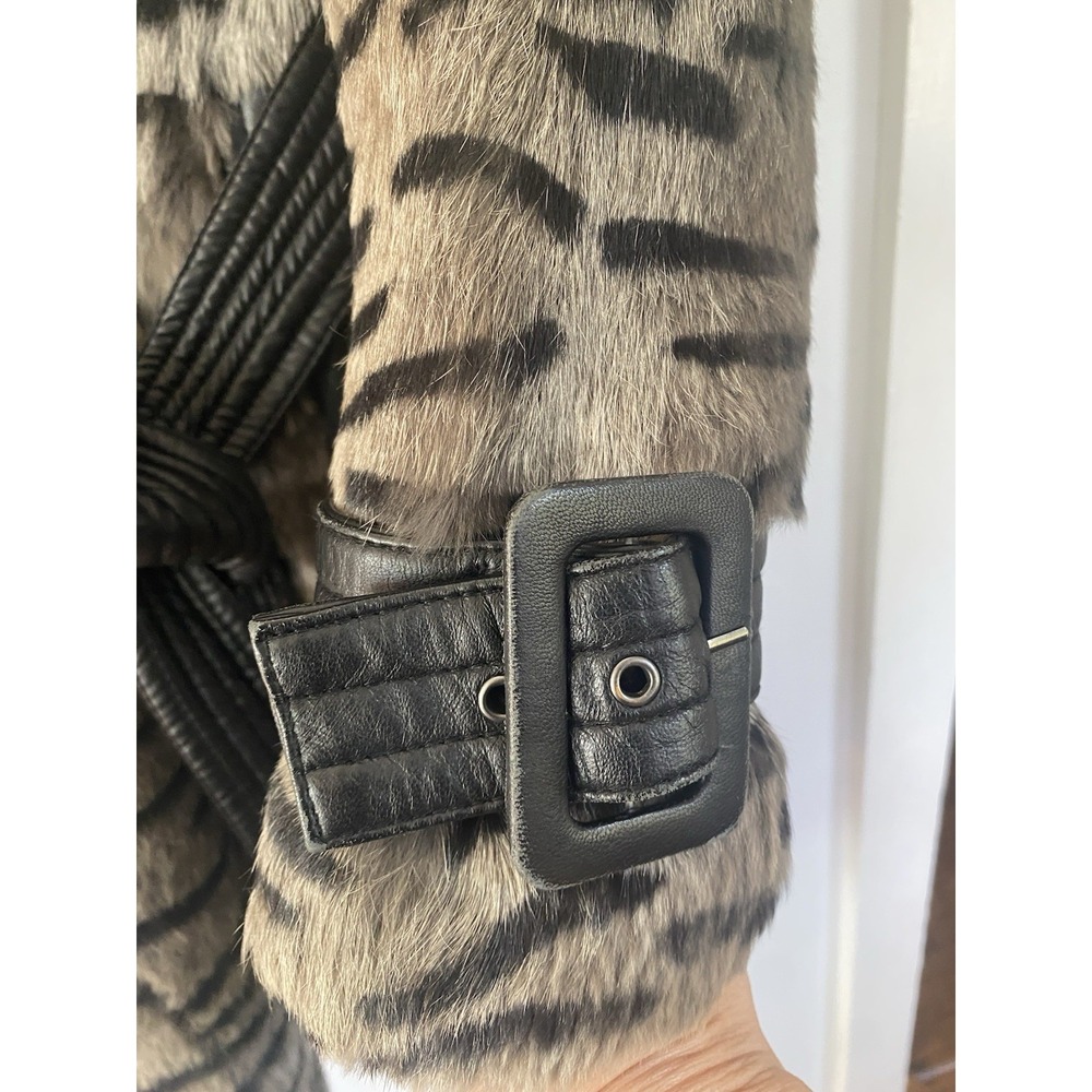 BEBE Vintage Y2K Genuine Rabbit Fur & Leather Tiger Print Trench Coat Jacket S - Picture 6 of 11
